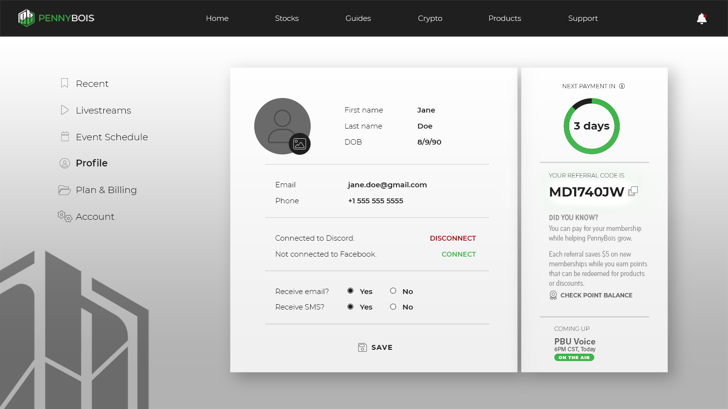 Member Profile | Concept Design for Subscriber Dashboard | PennyBois Stock Alerts | by Dane O'Leary Media